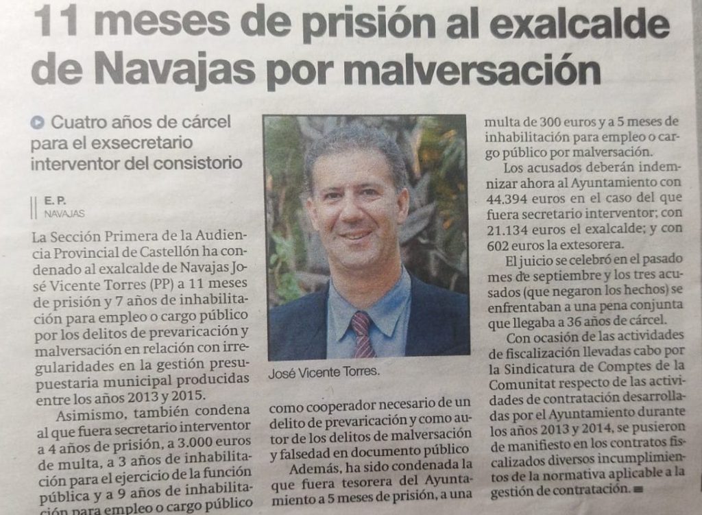 11 meses de prisión al exalcalde de Navajas por malversación